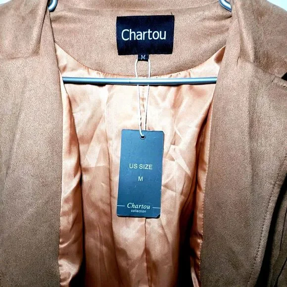 NWT Chartou Faux Suede Camel Color Jacket Sz M Cropped Fringe Open Front - Picture 2 of 10